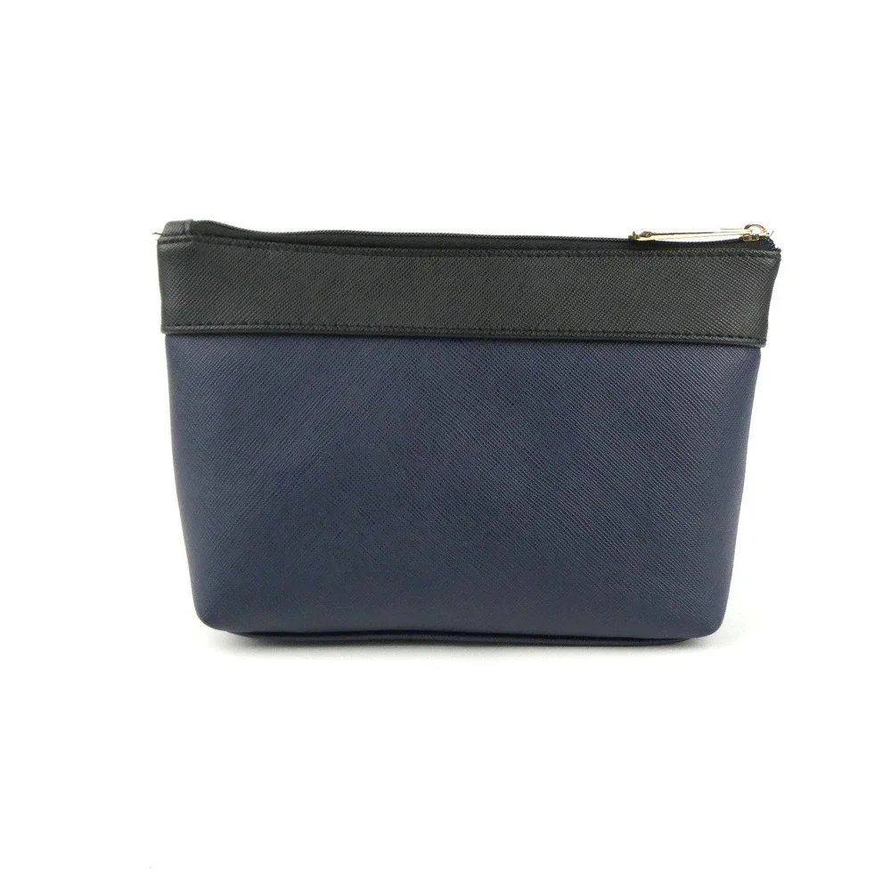 Michael Kors Black Navy Leather Cosmetic Zipper Pouch Case